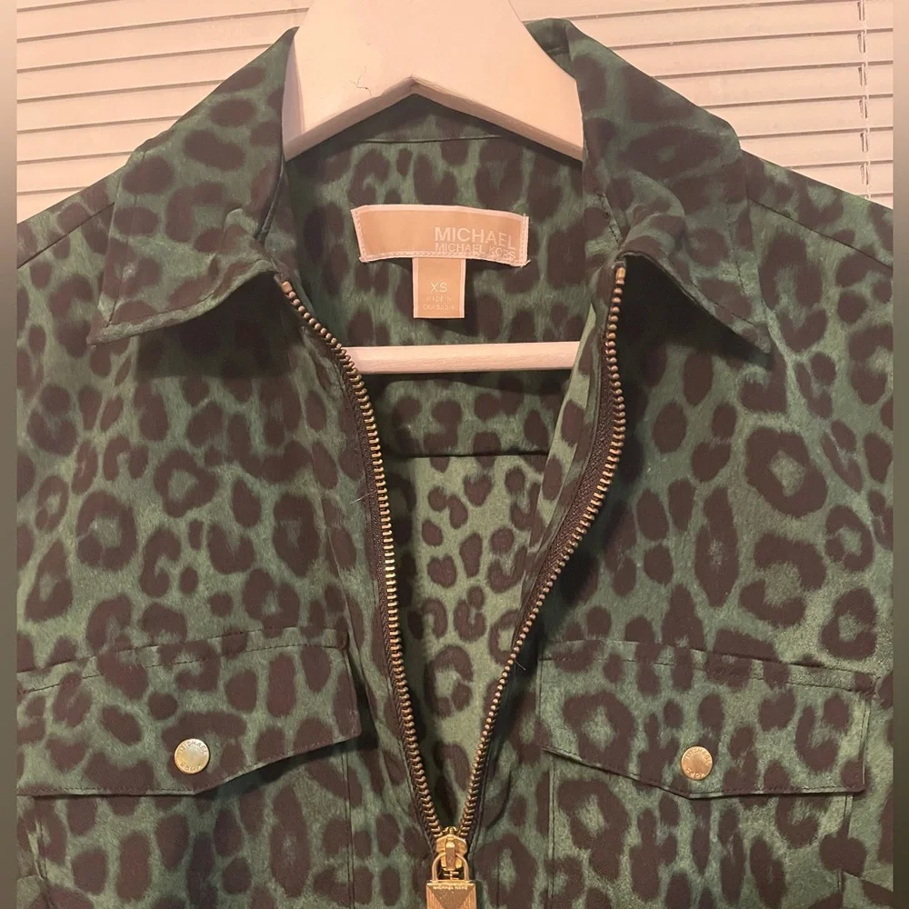 Michael Kors Dark Green and Black Leopard-Print Zip Jacket XS